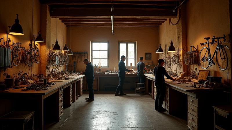 Interior view of the Cicli d'Italia workshop with craftsmen