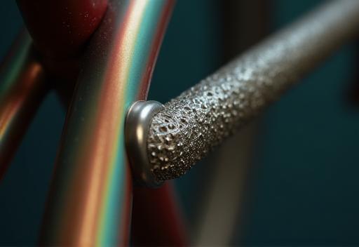 An artistic close-up view showcasing the intricate detail of a bicycle frame's lugs and paintwork