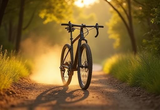 A rugged gravel bike navigating a scenic, sun-dappled dirt path
