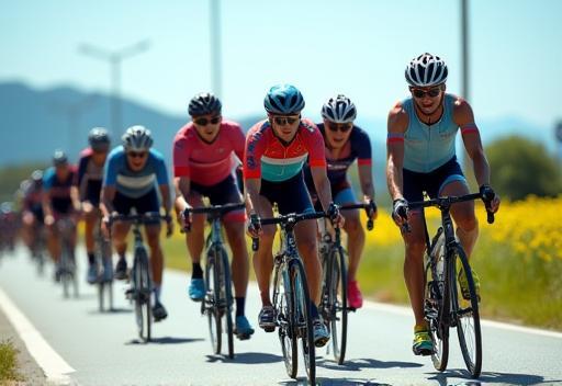 A diverse group of cyclists riding together shoulder-to-shoulder on a sunny road, enjoying the camaraderie