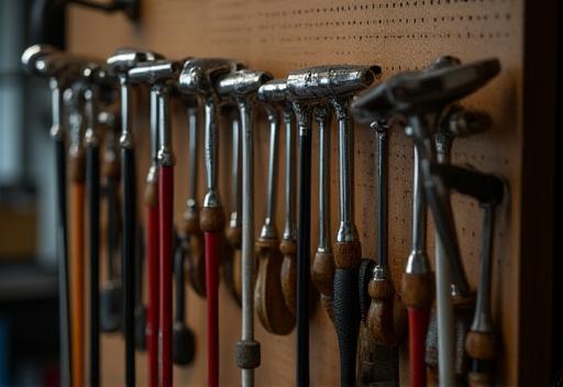 A neatly organized rack of traditional bicycle tools hanging in a well-lit workshop